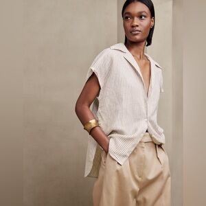 Banana Republic Clara Linen Short-Sleeve Button Up- Beige + White Stripes- Small